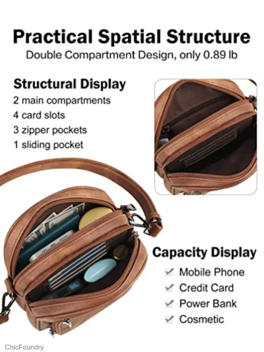 Vintage PU Leather Mini Crossbody Bag with Multiple Pockets and Adjustable Strap